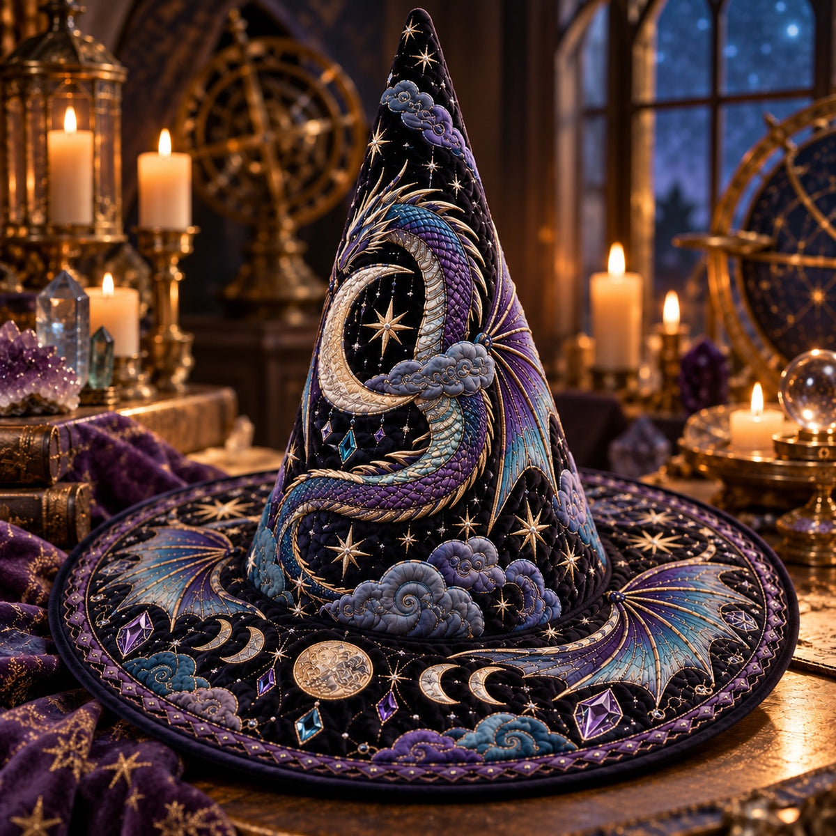Moon Dragon Quilted Witch Hat – Celestial Crescent Fantasy Wide Brim Hat – styled with candles and crystals