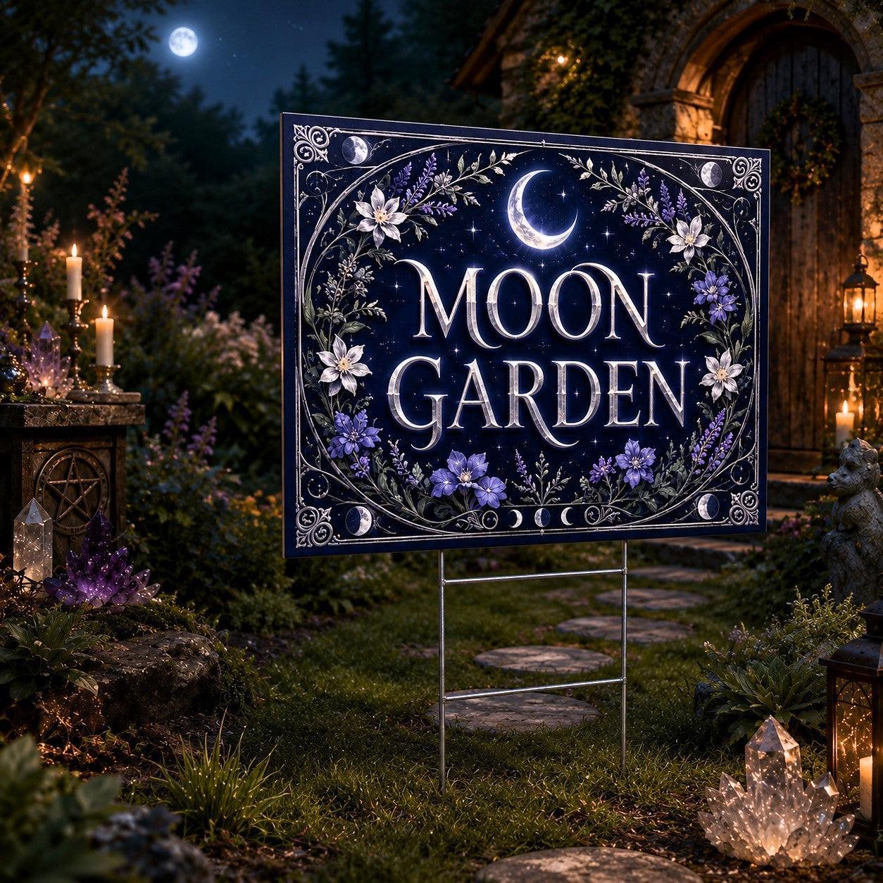 Moon Garden Crescent Moon Flowers Wicca Yard Sign - close up detail