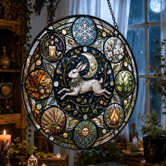 Moon Hare Wheel of the Year Glass Suncatcher - hanging view