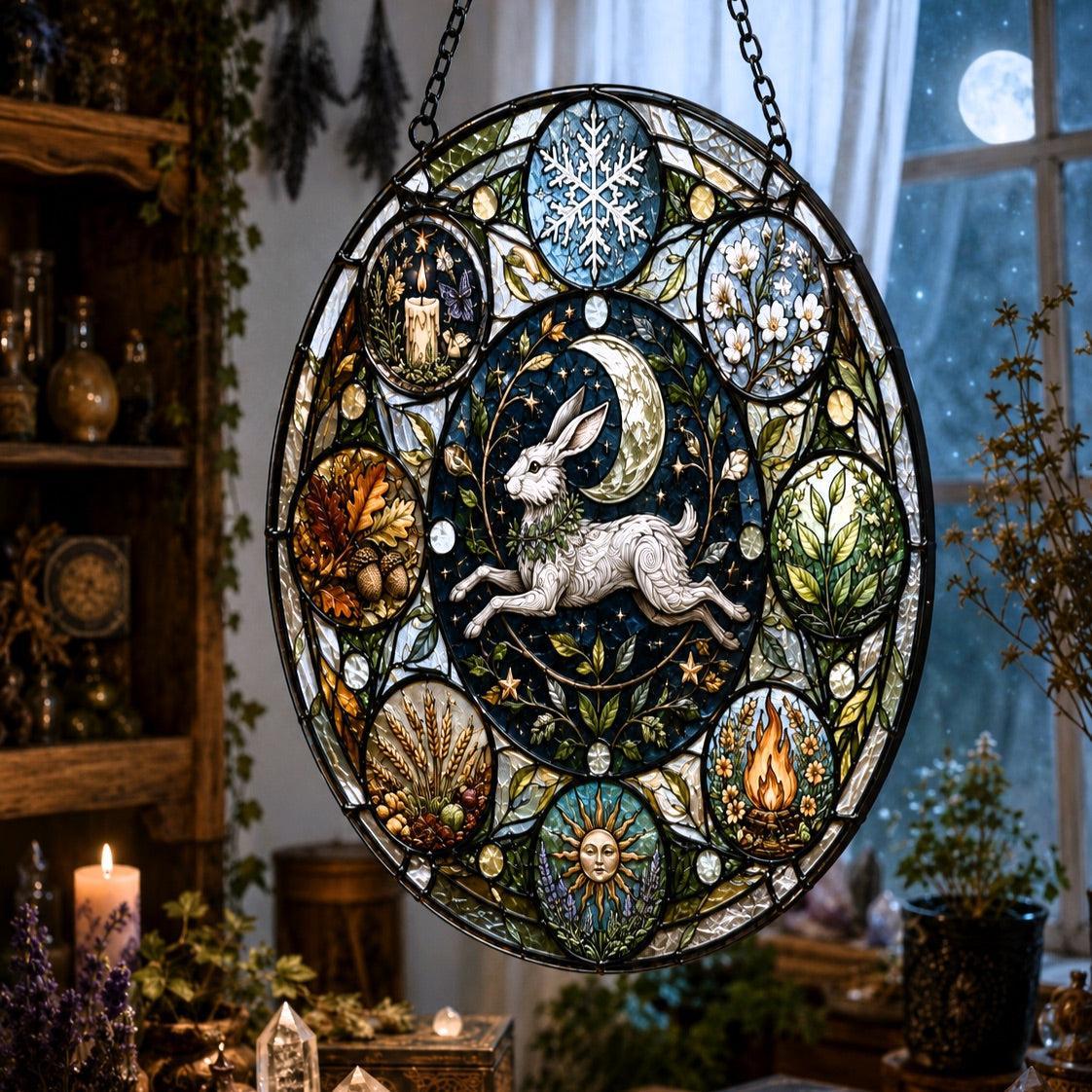 Moon Hare Wheel of the Year Glass Suncatcher - close up detail
