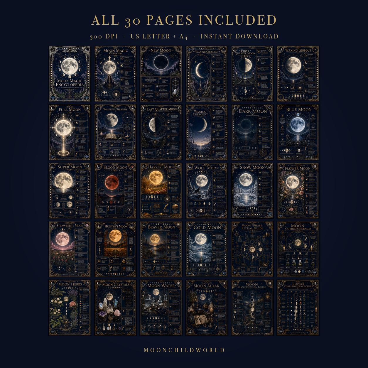 Thirty printable grimoire pages featuring moon phases and rituals in antique gold and midnight blue celestial designs.