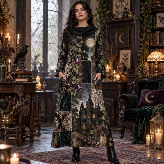 Moon Manor Night Garden Gothic Cowl Neck Dress โ Witchy Dark Maxi โ worn, front view