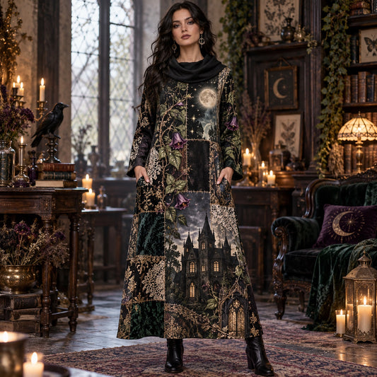 Moon Manor Night Garden Gothic Cowl Neck Dress โ Witchy Dark Maxi โ worn, front view