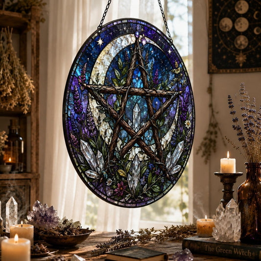 Moon Pentagram Pagan Glass Suncatcher - window display