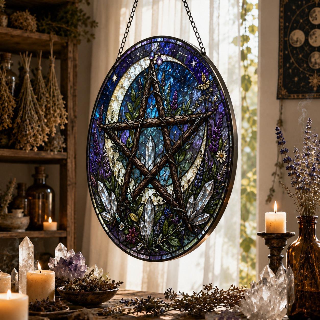 Moon Pentagram Pagan Glass Suncatcher - hanging view