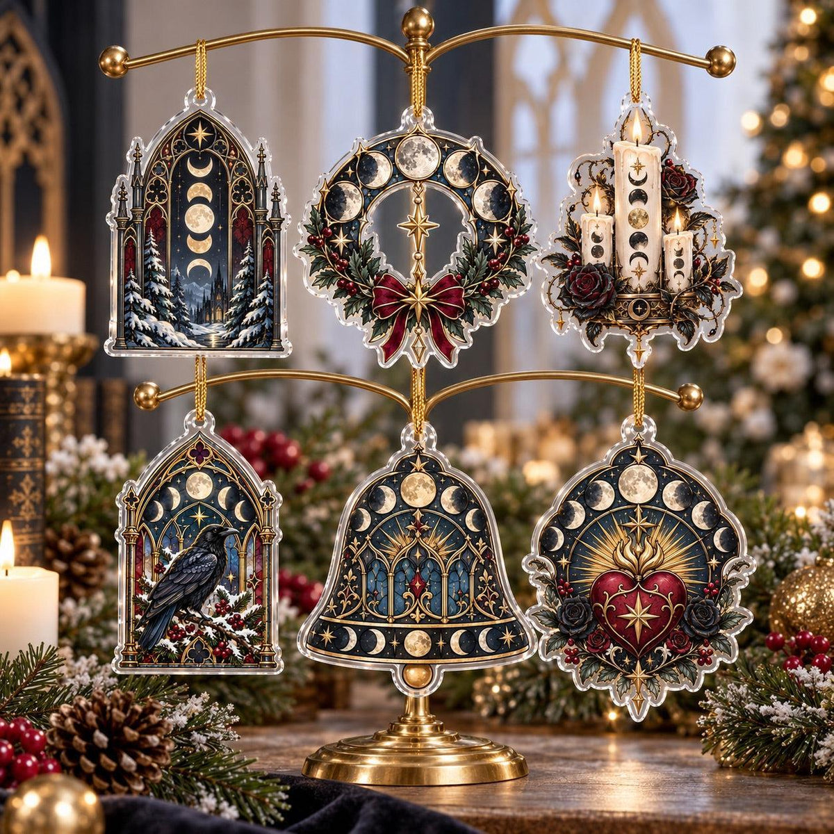 Moon Phase Cathedral Acrylic Ornament Set – Gothic Yule Christmas Decor – set of 6, another view