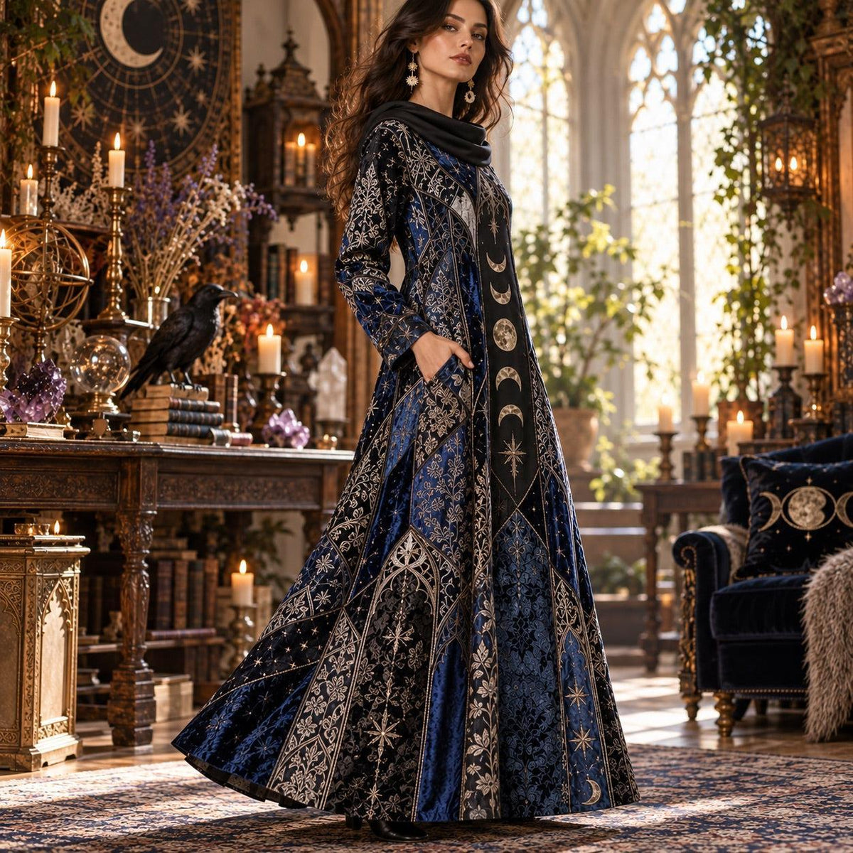 Moon Phase Cathedral Gothic Cowl Neck Dress – Witchy Celestial Maxi – worn, three quarter view