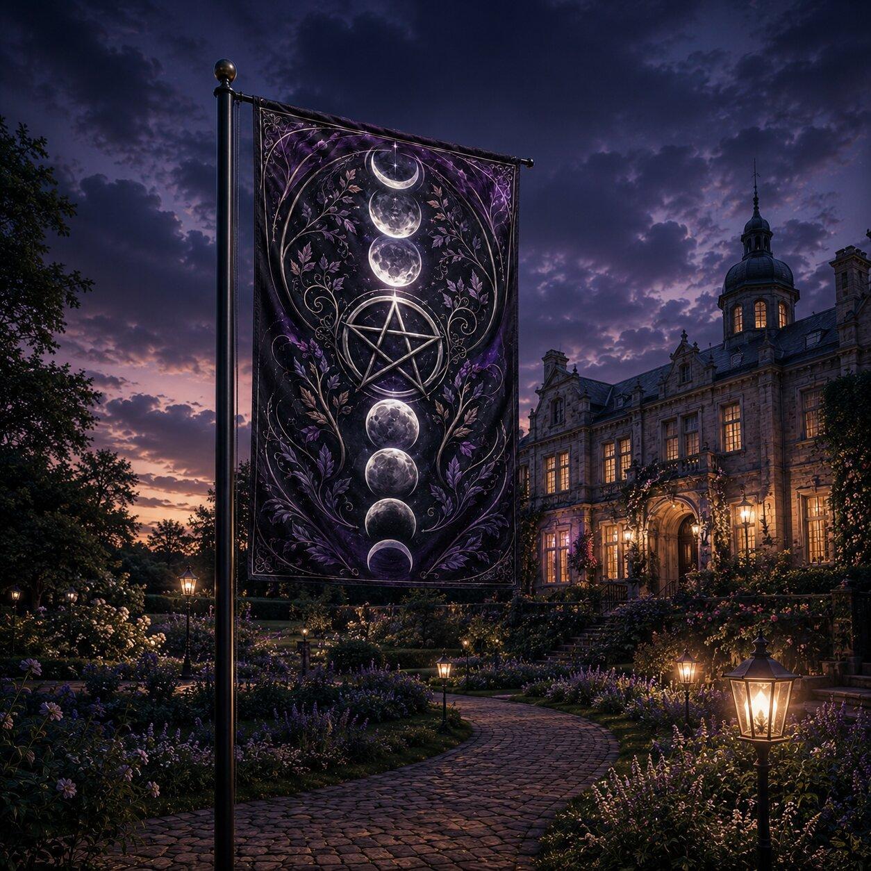 Moon Phase Pentacle House Flag Lunar Cycle Pentacle Pagan Outdoor Decor-MoonChildWorld