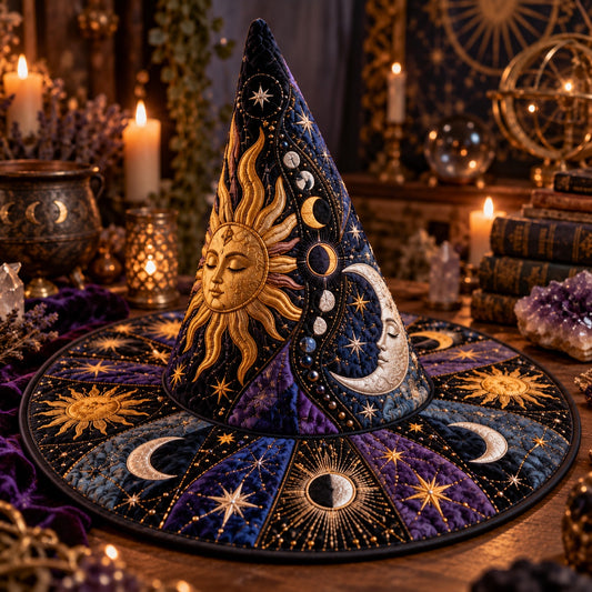 Moon Phase Quilted Witch Hat โ Sun Face Celestial Wide Brim Hat โ styled with candles and crystals