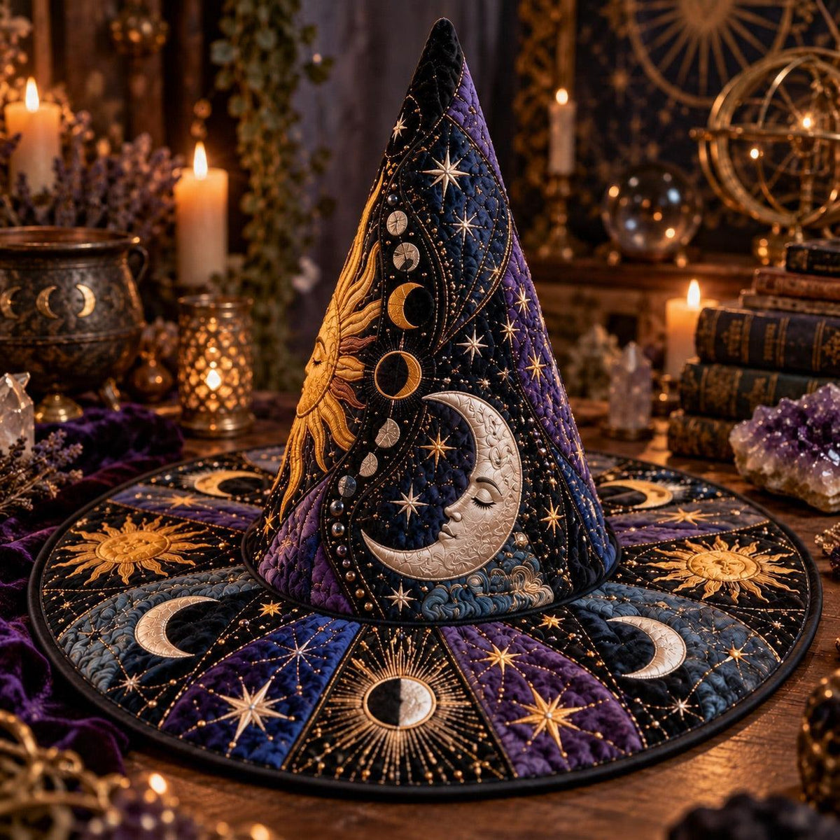 Moon Phase Quilted Witch Hat – Sun Face Celestial Wide Brim Hat – styled with candles and crystals