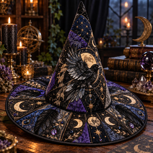 Moon Phase Raven Quilted Witch Hat โ Feather Celestial Occult Brim Hat โ styled with candles and crystals