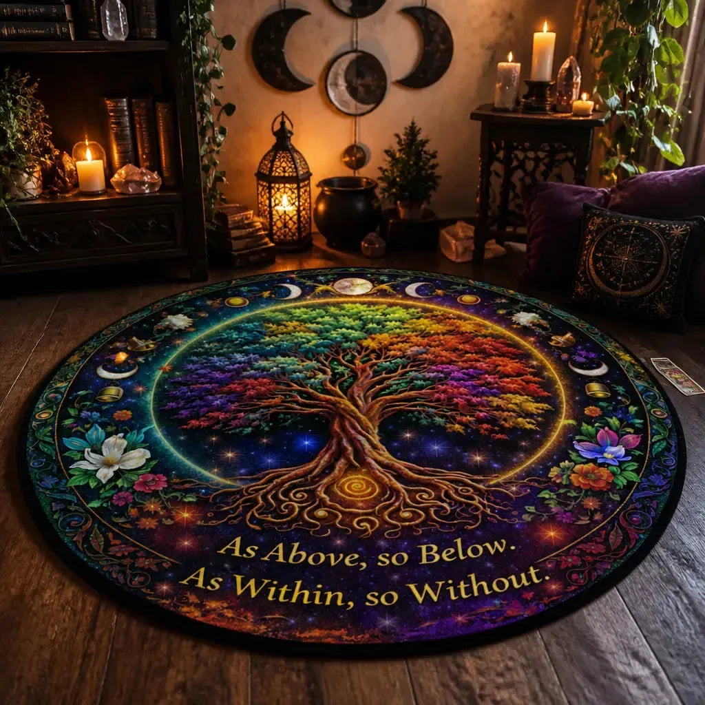 Moon Phase Tree of Life Round Rug Wiccan Pagan Carpet for Yule Home Decor_mockup_1.webp