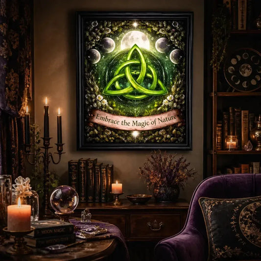 Moon Phase & Triquetra Wiccan Wall Art - Celtic Trinity Knot Black Framed Canvas for Pagan Altar Decor_mockup_1.webp