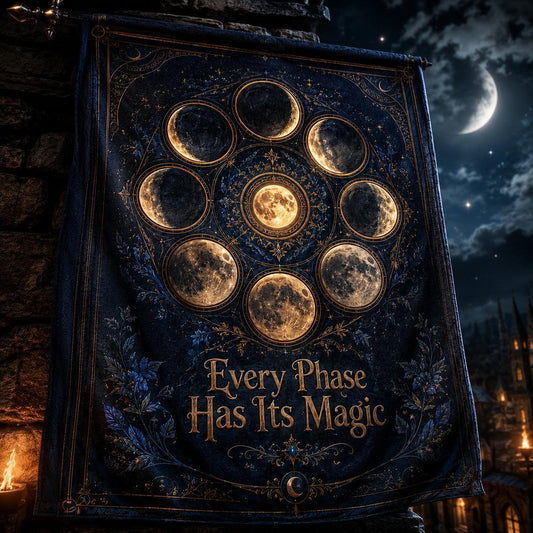 Moon Phase Wheel house flag displayed outdoors on a garden flag stand