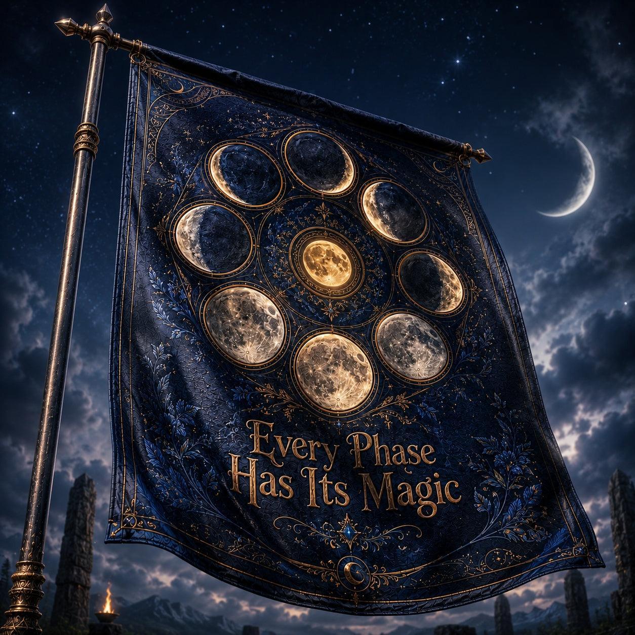 Moon Phase Wheel house flag mockup hanging outdoors as pagan decor