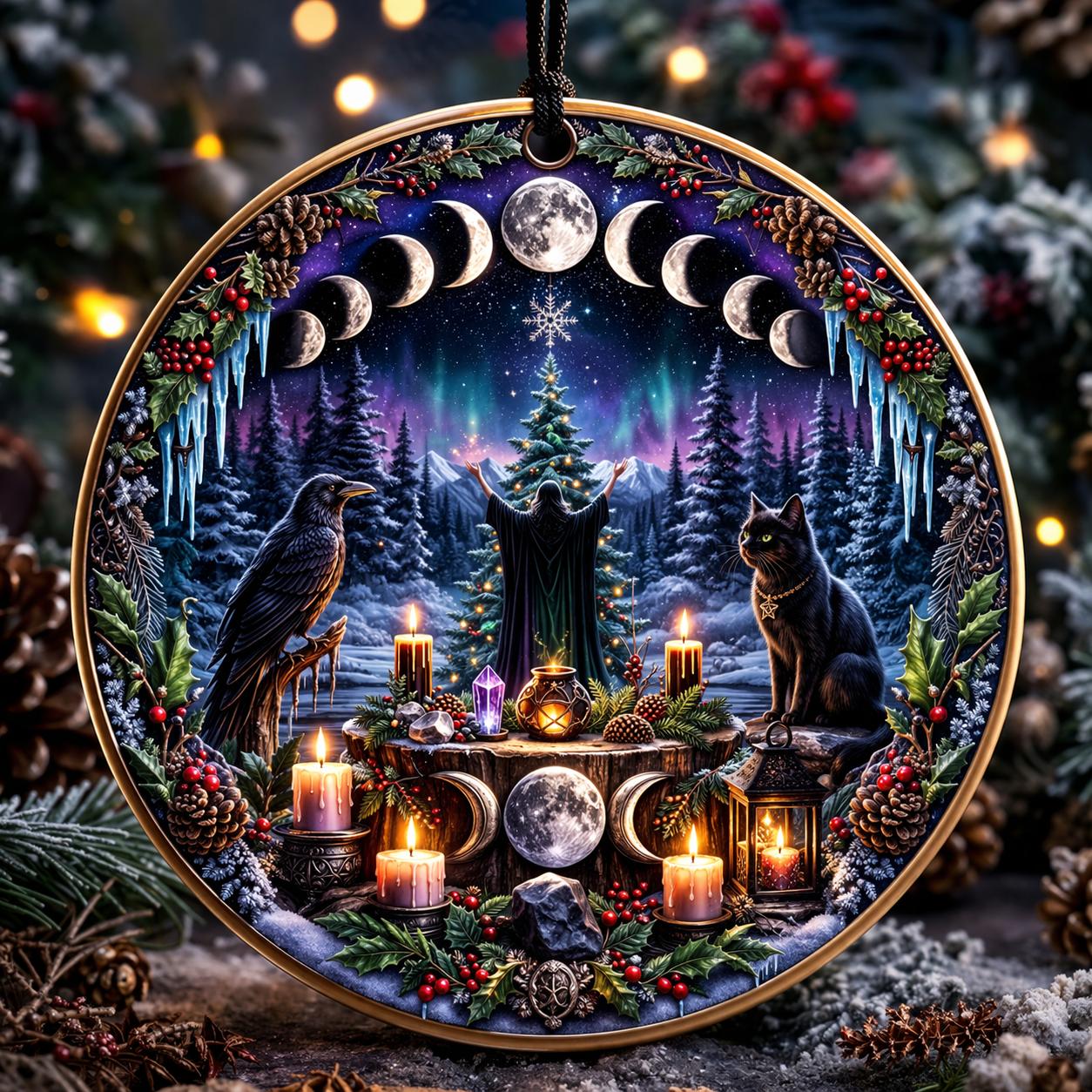 Moon Phase Wicca Yule Ceramic Ornament with Raven, Black Cat – Pagan Yule Decoration-MoonChildWorld