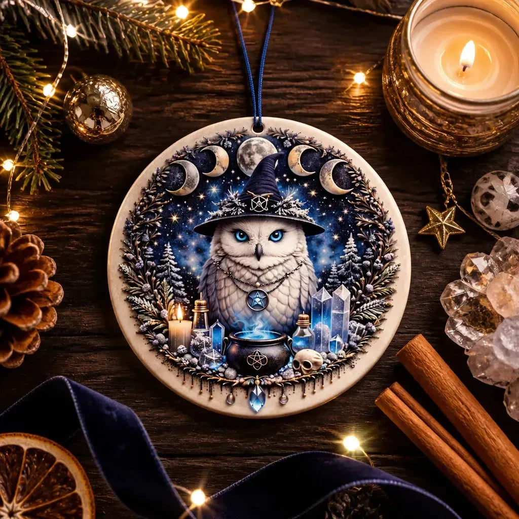 Moon Phase & Winter Owl Witchy Christmas Ceramic Ornament – Wicca Yule Ornament_mockup_3.webp