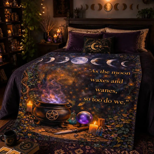 Moon Phase and Witchy Cauldron Witchcraft Blanket for Wiccan Home Decor_mockup_1.webp