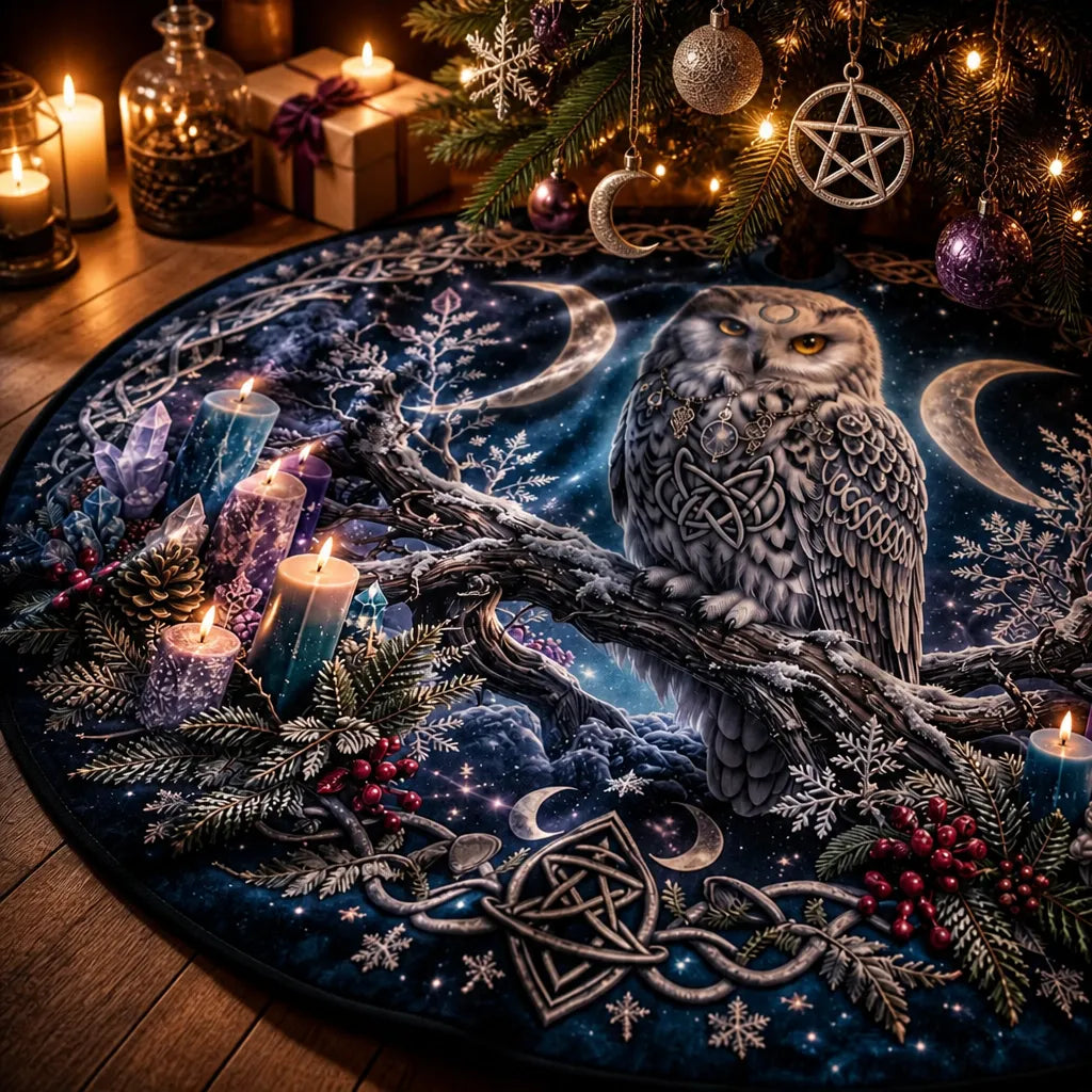 Moon Phases Celtic Owl Yule Tree Skirt – Pagan Witch Gothic Decor_mockup_3.webp