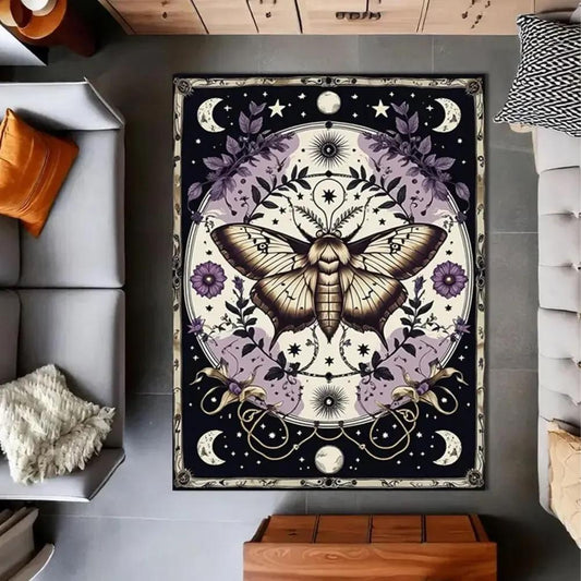 Moon Phases Gothic Moth Rug Witchy Butterfly Carpet-MoonChildWorld
