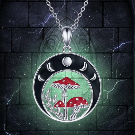 Moon Phases Mushroom Pendant Witchy Necklace Wicca Pagan Jewelry-MoonChildWorld