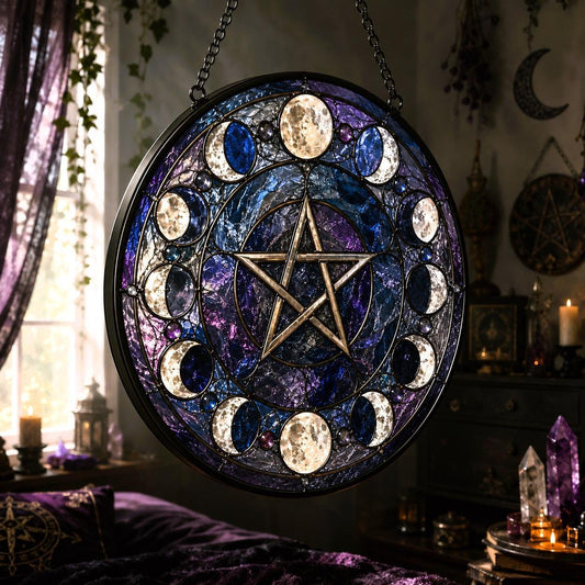 Moon Phases Pentacle Pagan Glass Suncatcher - hanging view