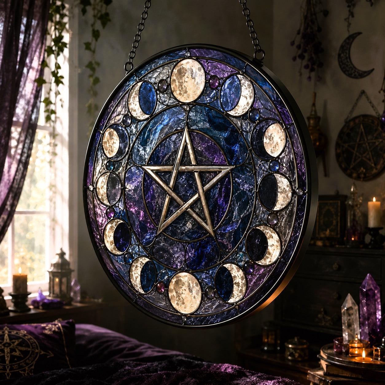 Moon Phases Pentacle Pagan Glass Suncatcher - close up detail
