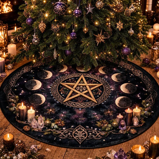 Moon Phases Pentagram Velvet Yule Tree Skirt – Pagan Witchy Gothic Decor_mockup_1.webp