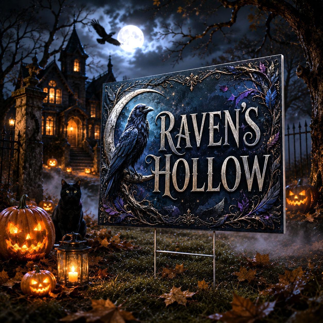 Moon Raven Hollow Gothic Witch Halloween Yard Sign - porch scene
