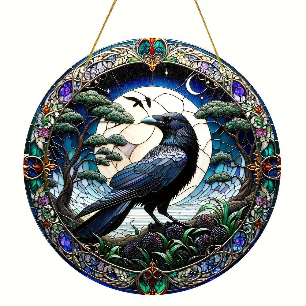 Moon Raven Suncatcher Witchy Crow Acrylic Round Sign Gothic Home Decor-MoonChildWorld
