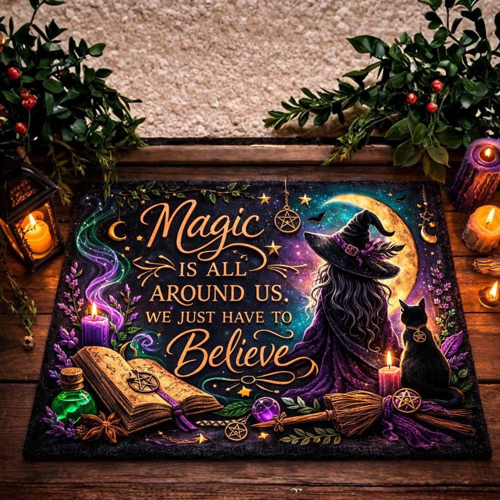Moon Witch & Black Cat Doormat – Wicca Welcome Mat for Mystical Entryway-MoonChildWorld