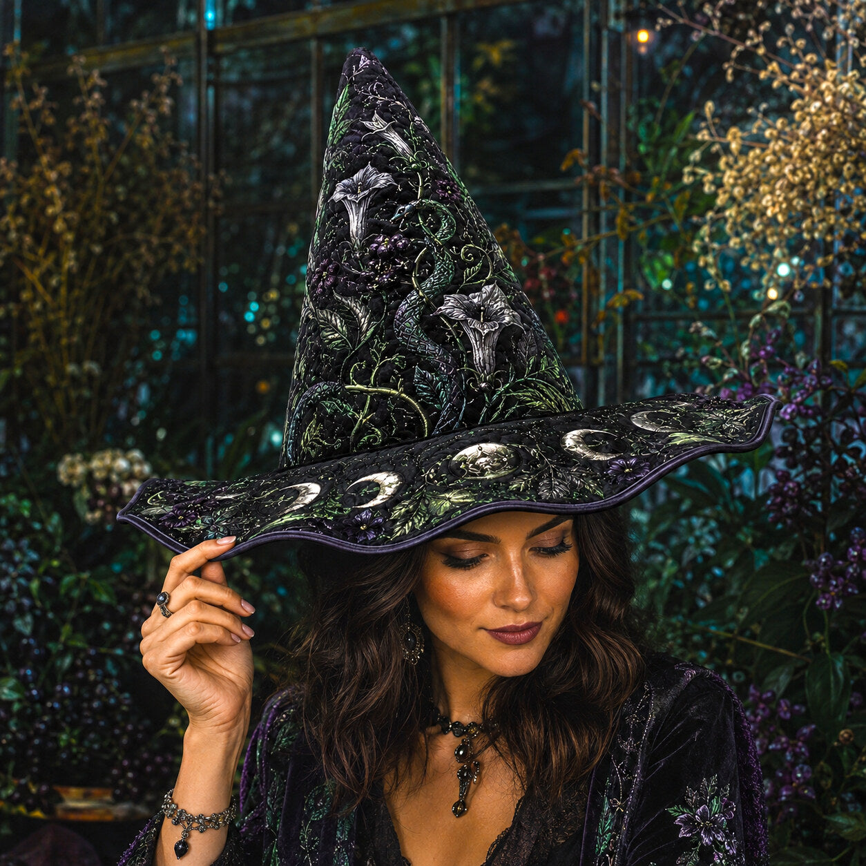 Moonflower Witch Hat – Datura Night Garden Pagan Wide Brim Hat – worn, front view