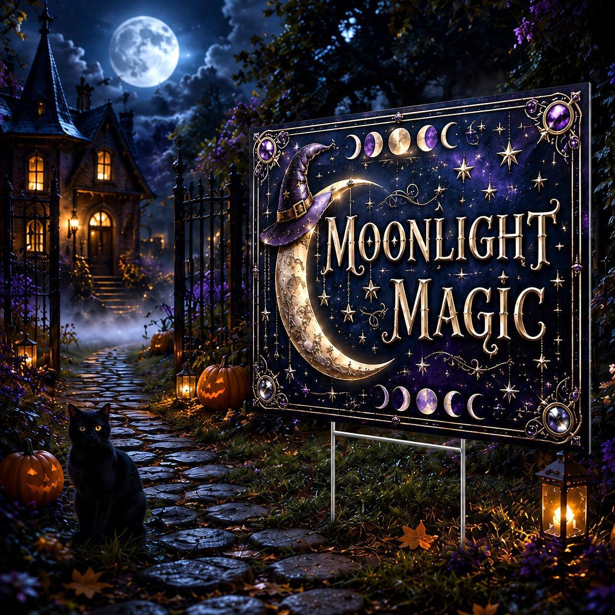 Moonlight Magic Witchy Moon Phases Halloween Yard Sign - porch scene