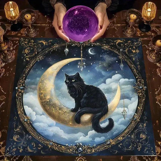 Moonlit Black Cat Tarot Tablecloth – Mystical Altar Cloth for Divination, Meditation & Halloween Decor-MoonChildWorld
