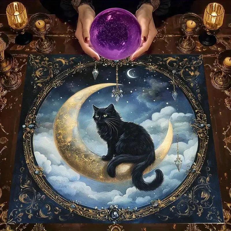 Moonlit Black Cat Tarot Tablecloth – Mystical Altar Cloth for Divination, Meditation & Halloween Decor-MoonChildWorld