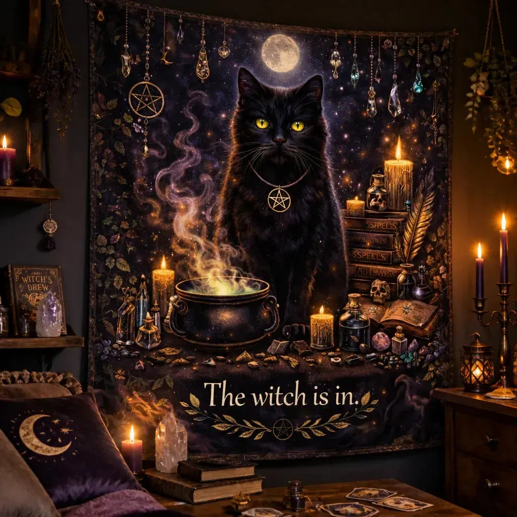 Moonlit Black Cat Witchy Tapestry Wiccan Altar Wall Hanging_mockup_3.webp