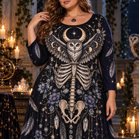 Moonlit Owl Plus Size Witch Dress โ Celestial Skeleton Long Sleeve Maxi โ close up of the printed artwork