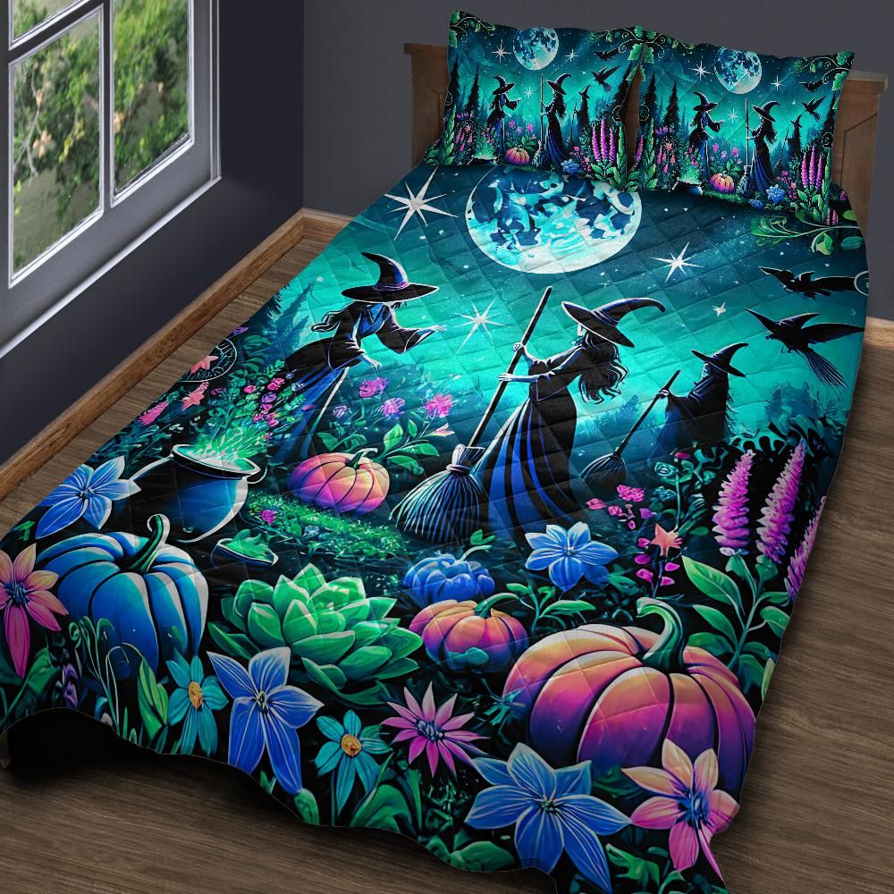 Moonlit Witch Quilt Bedding Set for Halloween, Yule-MoonChildWorld