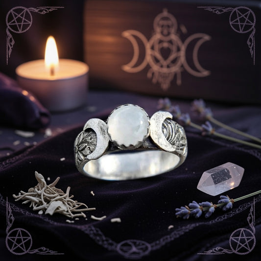 Moonstone Triple Moon Wiccan Ring Pagan Jewelry-MoonChildWorld