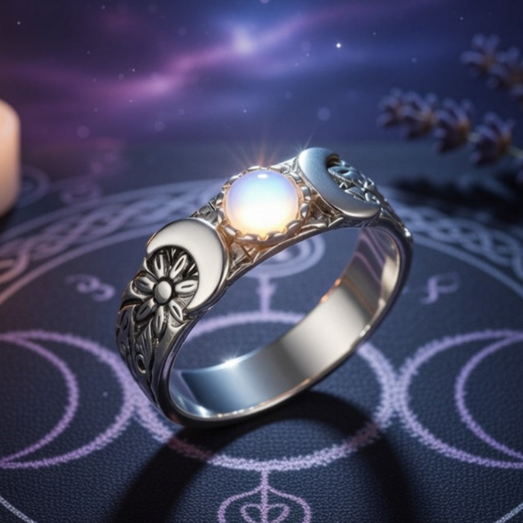 Moonstone Triple Moon Wiccan Ring Pagan Jewelry-MoonChildWorld