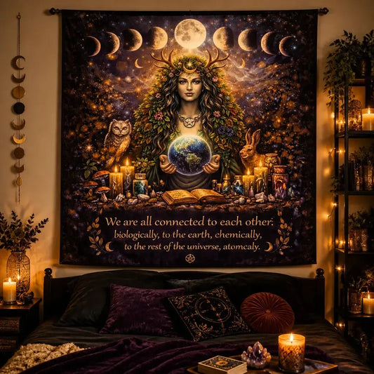 Mother Earth Pagan Goddess Tapestry with Moon Phase & Spirit Animals Wiccan Wall Hanging_mockup_1.webp