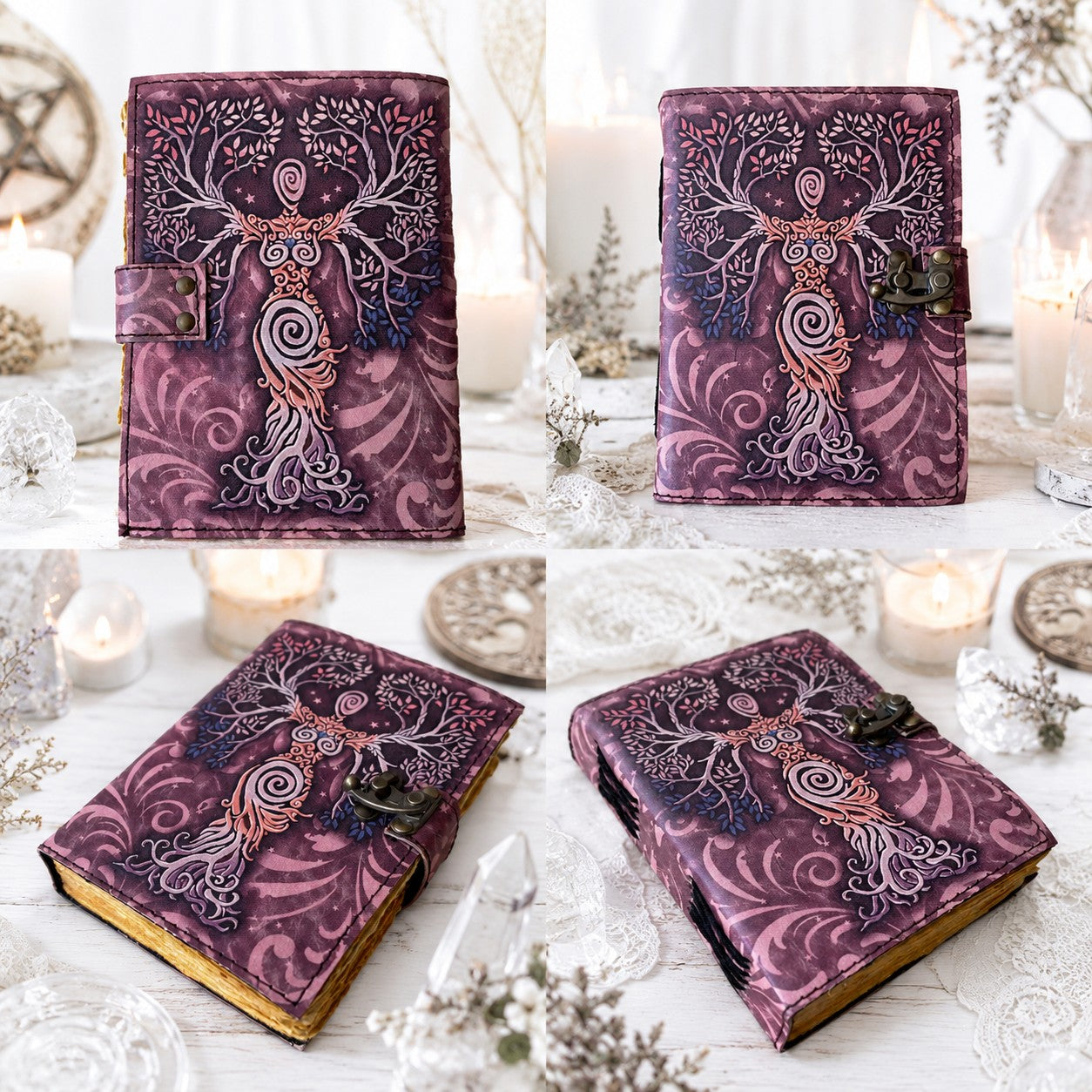 Mother of Earth Printed Leather Journal with Brass Lock – Witch Spell Book – leather journal, close-up cover detail
