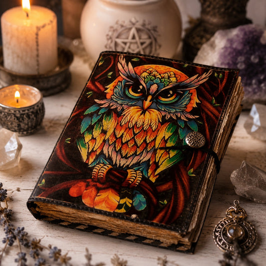 Multicolor Owl Printed Leather Journal – Vintage Witch Grimoire Deckle Pages – leather journal, back cover view