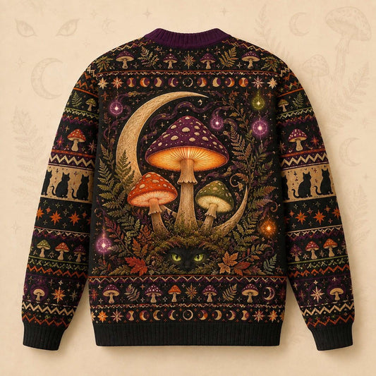 Mushroom Black Cat Sweater Toadstool Crescent Cottagecore Knit back view