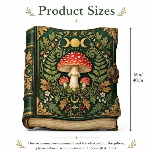 Size guide showing 16 inch / 40 cm: decorative plush pillow featuring mushroom and celestial grimoire artwork