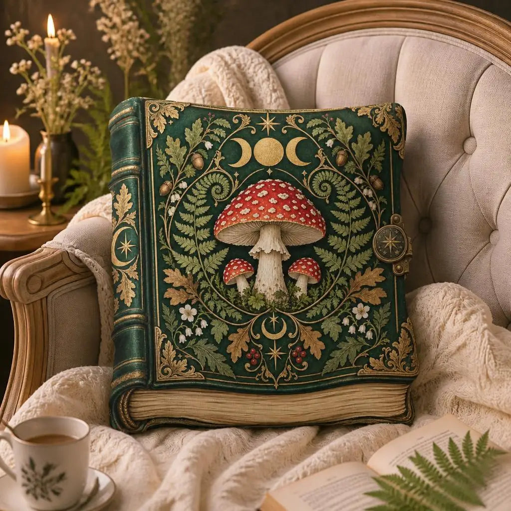 Alternate styled room view: decorative plush pillow featuring mushroom and celestial grimoire artwork
