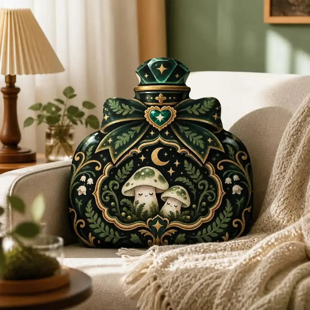 Alternate styled room view: decorative plush pillow featuring mushroom and moon potion-bottle artwork