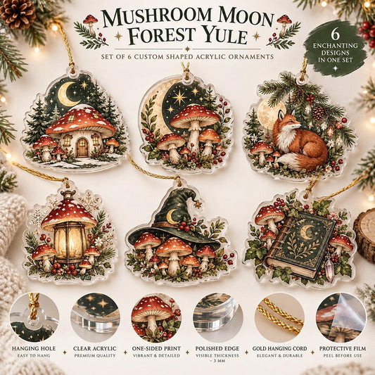 Mushroom Moon Witchy Acrylic Ornament Set – Cottagecore Yule Decor – ornament size and details