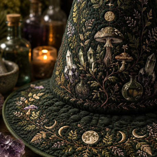 Mushroom Witch Hat – Hedge Witch Cottagecore Pagan Forest Hat – quilting and print detail