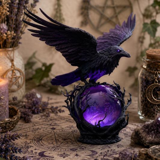 Mysterious Raven Moonlight Gothic LED Lamp Hand-Crafted Dark Art Crow Sculpture on Purple Glow Sphere Halloween Night Light